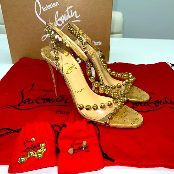 CHRISTIAN LOUBOUTIN Faridaravie 100 PVC Liege Pepite Gold Size 37.5  Woman’s 7.5 - Picture 1 of 16